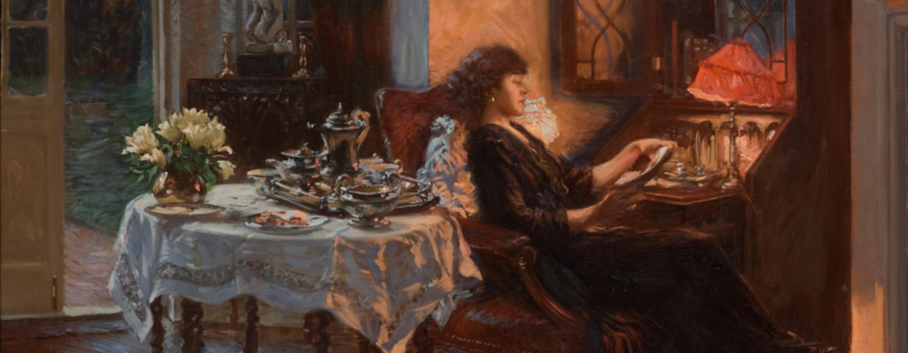 An oil painting of a women reading a book by a writing desk at twilight.
