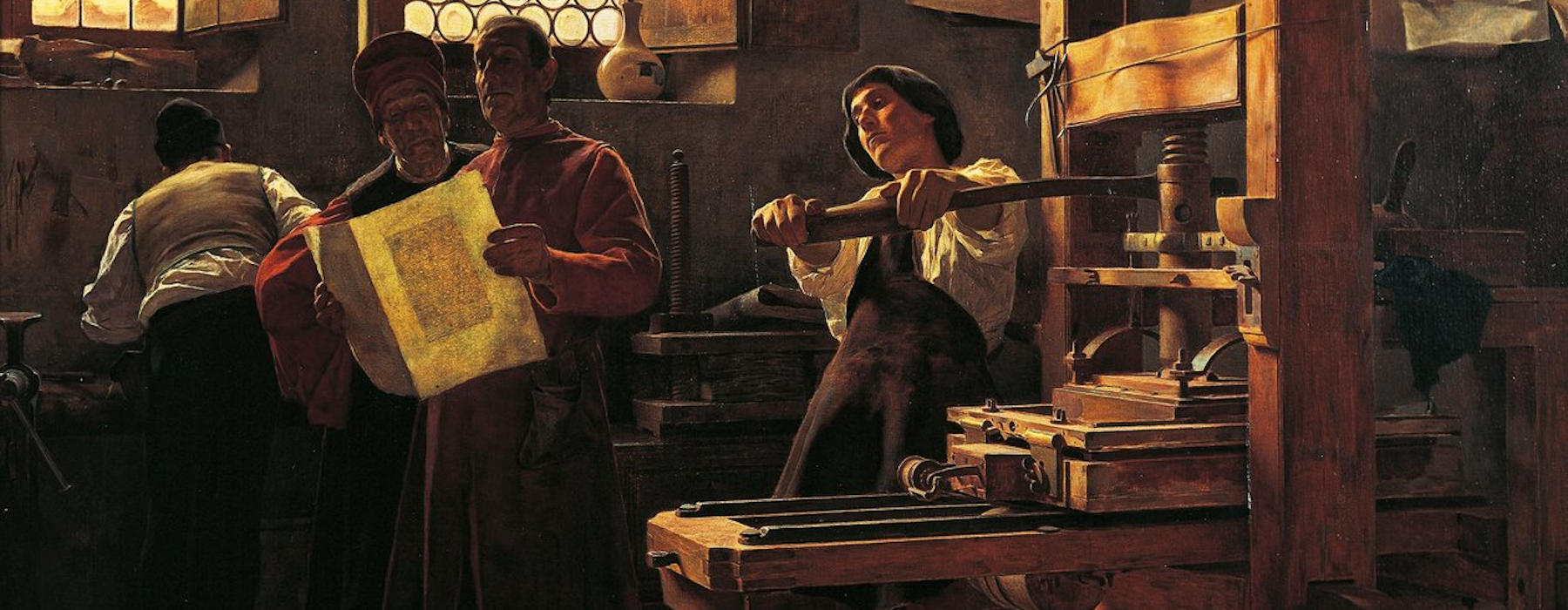An oil painting of four men in a printer’s workshop creating prints.